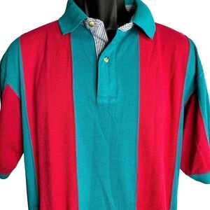 Vintage 90s Mens Striped Polo Shirt L Turquoise Pink Short Sleeve Buttons